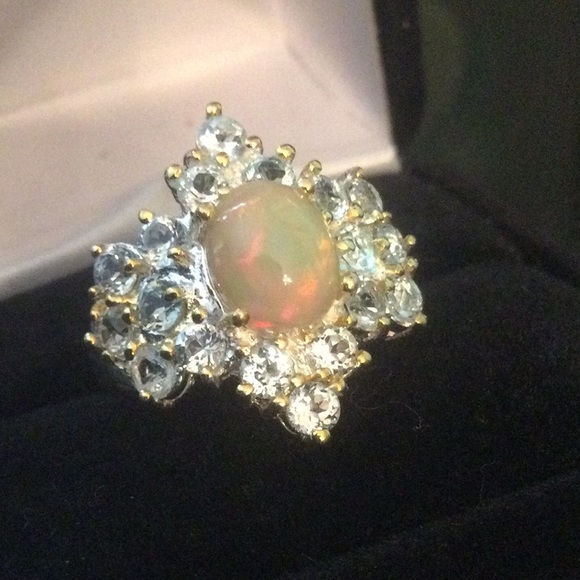 Genuine Natural Fire Opal & Aquamarine Ring, 9mm by 7mm - Picture 9 of 15
